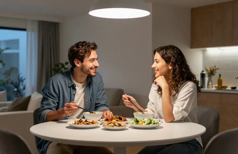 Ein Paar beim gemeinsamen Essen in seiner neuen Wohnung