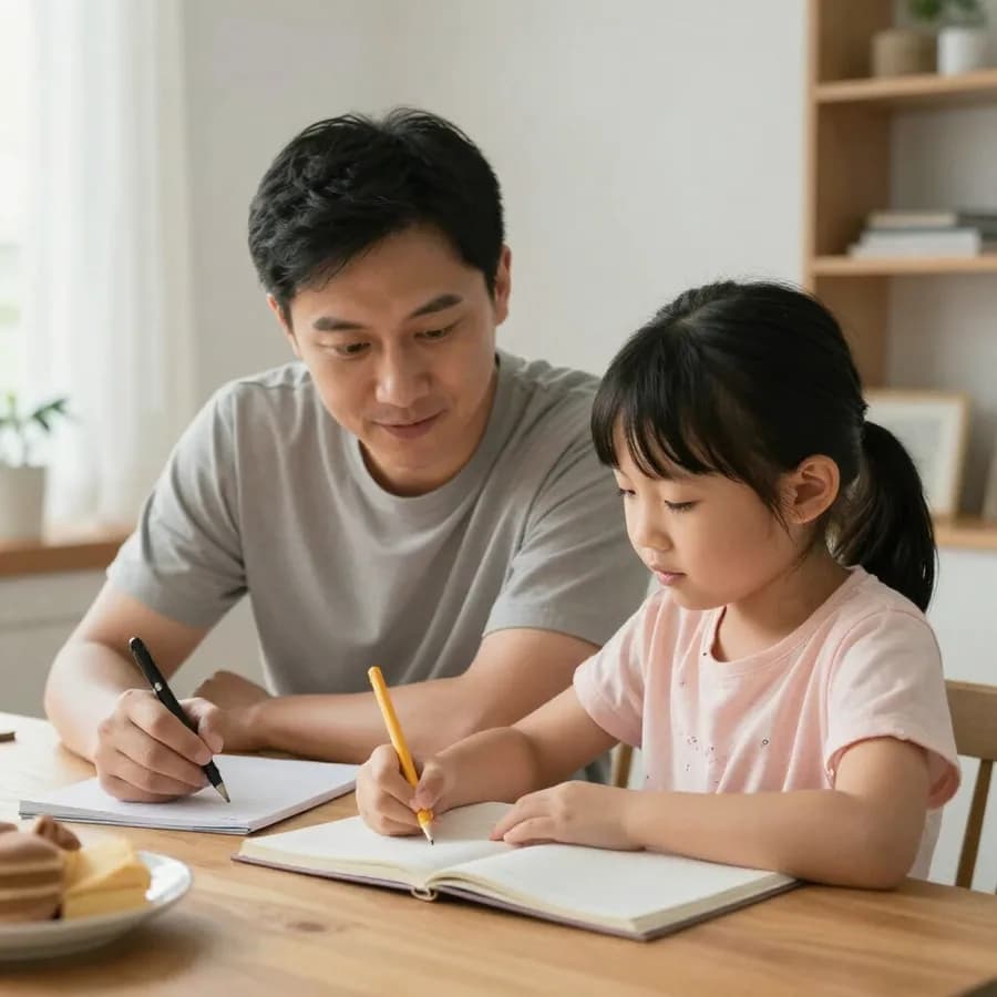 Ein Vater und seine Tochter sitzen zusammen am Esstisch